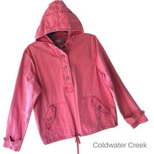 COLDWATER CREEK NWOT WASHED RED COTTON CANVAS HALF SNAP JACKET HOODIE | MEDIUM